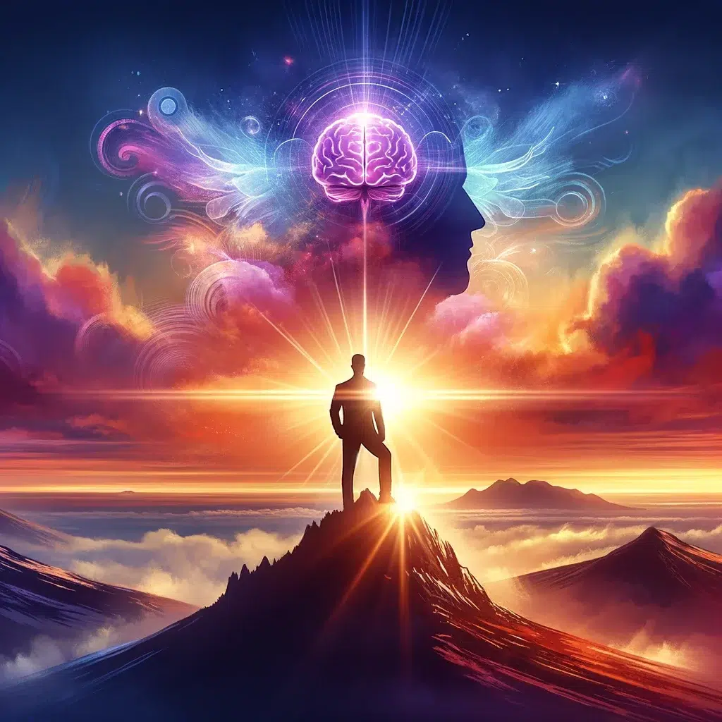 DALL·E 2024-01-04 09.25.25 - The image features a silhouette of a confident person standing on top of a mountain, symbolizing leadership and self-awareness. The person is gazing t