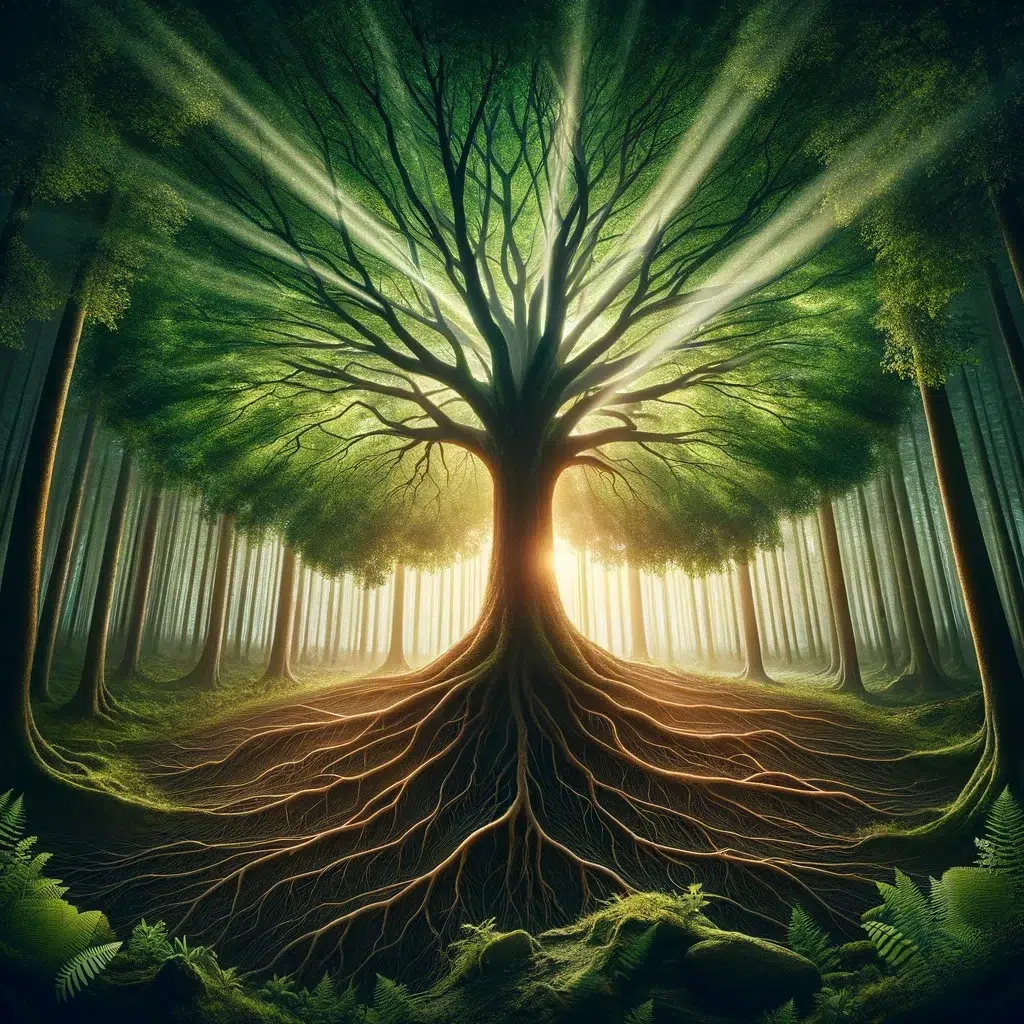 DALL·E 2024-01-10 19.37.19 - The image portrays a majestic tree standing tall and firm, its branches extending outward, symbolizing growth and personal strengths. The tree is situ