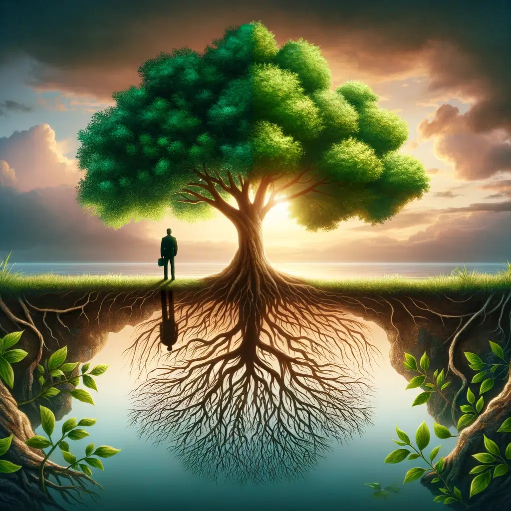 DALL·E 2024-02-16 13.37.26 - The image portrays a tree with half of its branches lush and green, and the other half bare and fragile, symbolizing the balance between strengths and