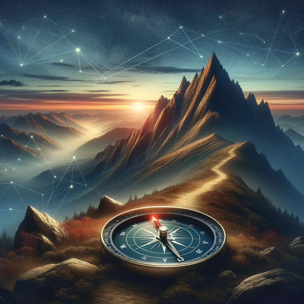 DALL·E 2024-02-19 16.36.34 - The image depicts a commanding mountain landscape at twilight, symbolizing the lofty and enduring nature of core values. At the forefront, a compass l